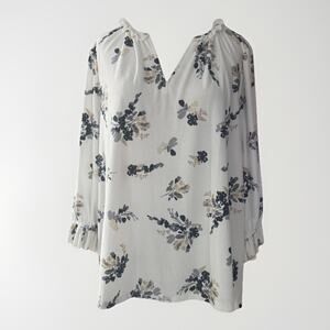 Melloday Blouse Women 1X Plus White Floral V-Neck Long Sleeve Pullover Casual